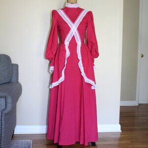 Vintage Handmade Pink White Lace Victorian Prairie Cottagecore Dress Womens XS/S